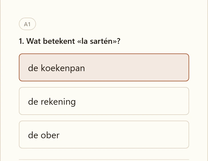 De niveautoets: een vraag op A1-niveau met een gekozen antwoord